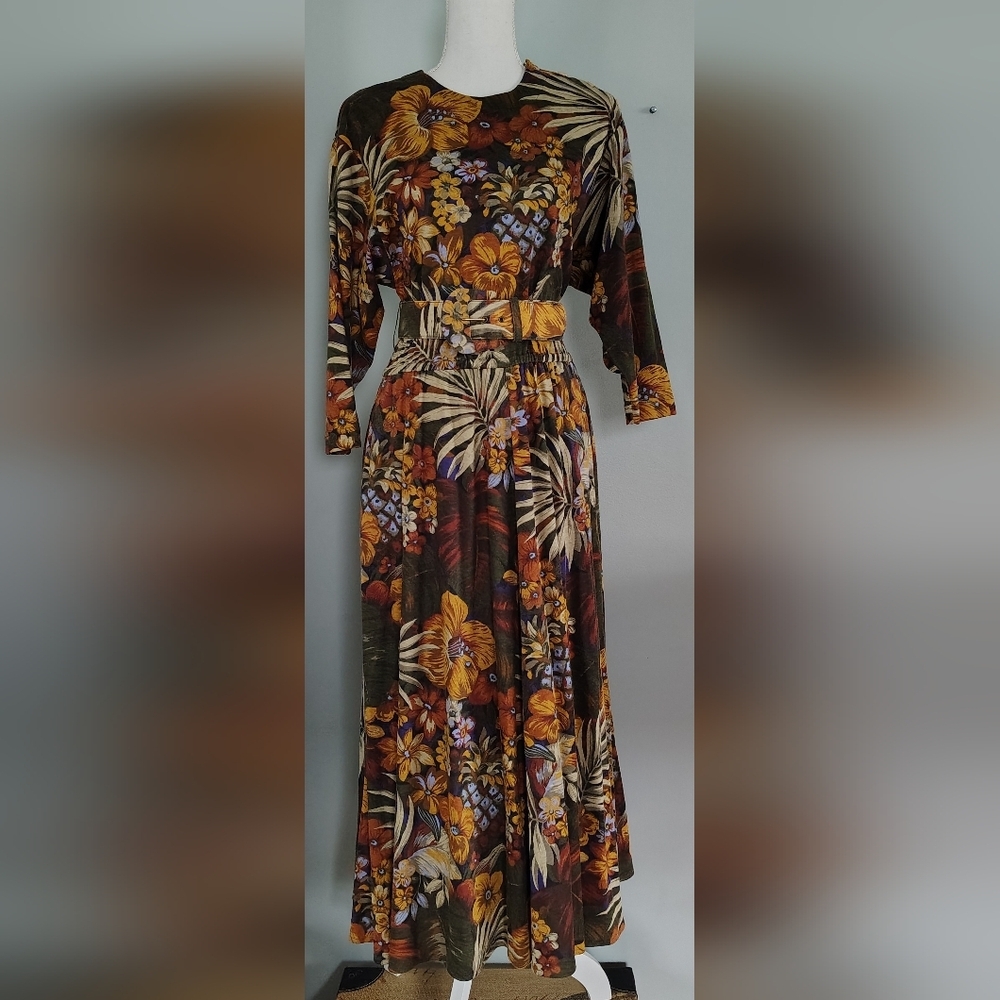 Vintage Floral Maxi Dress Belted Hawaiian  Resortwear Tropical Print Dress Sz S